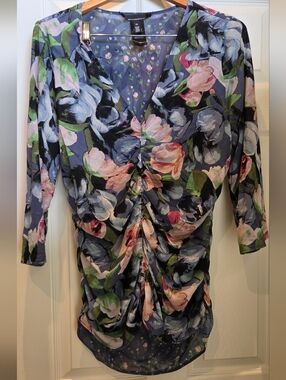 White House Black Market Ruched And Reversible Blue/Pink Floral Stretchy Top